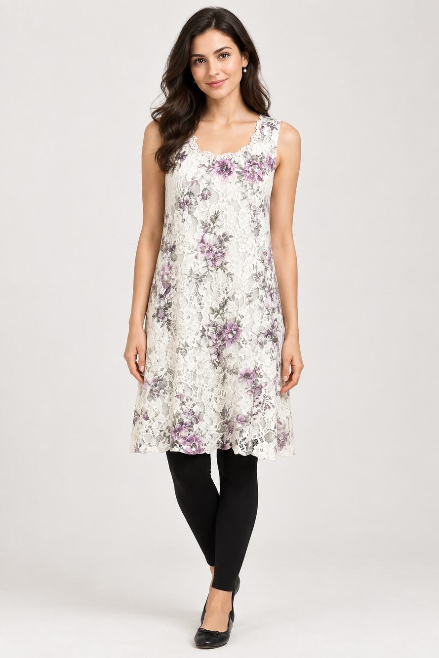 Origami Ivory Floral Lined All Lace Tunic Dress with Pockets S/M
